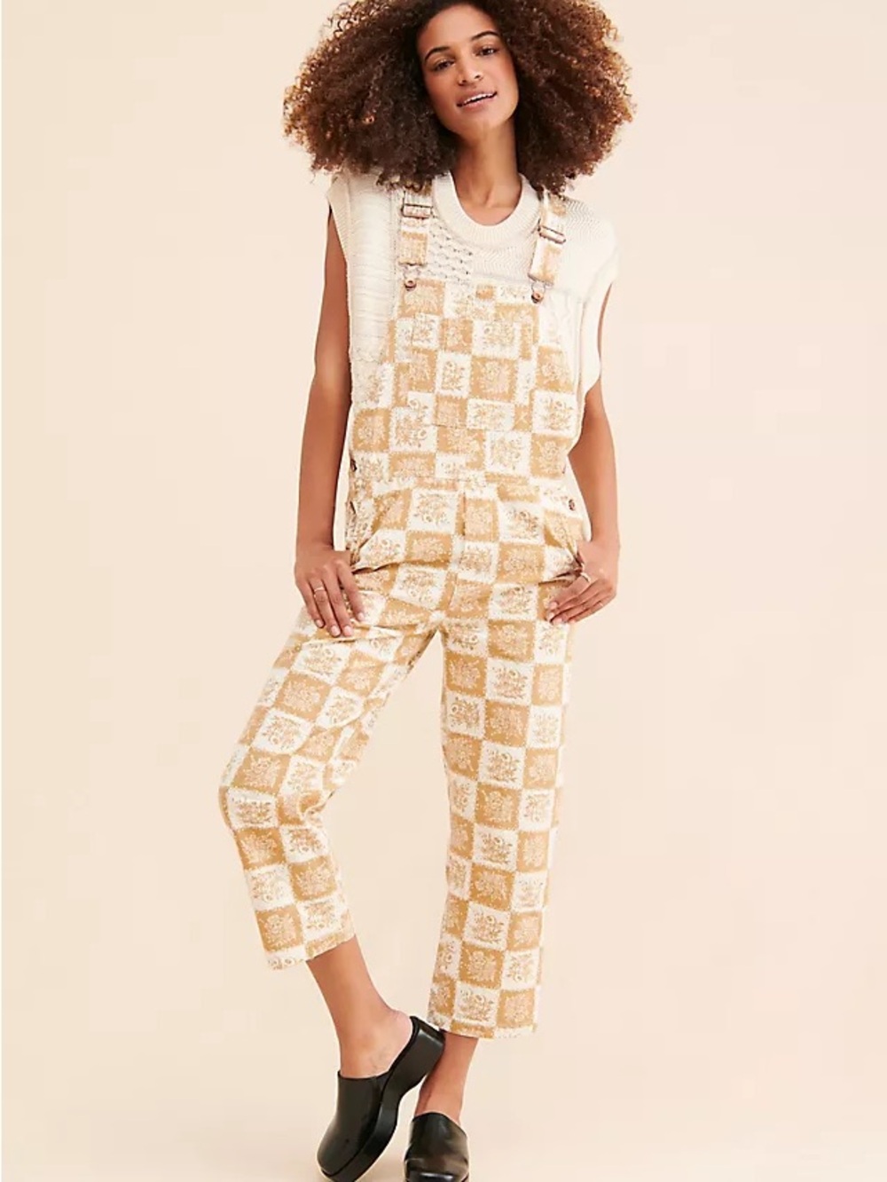 Brixton Cream and Tan Checker Cropped Overalls